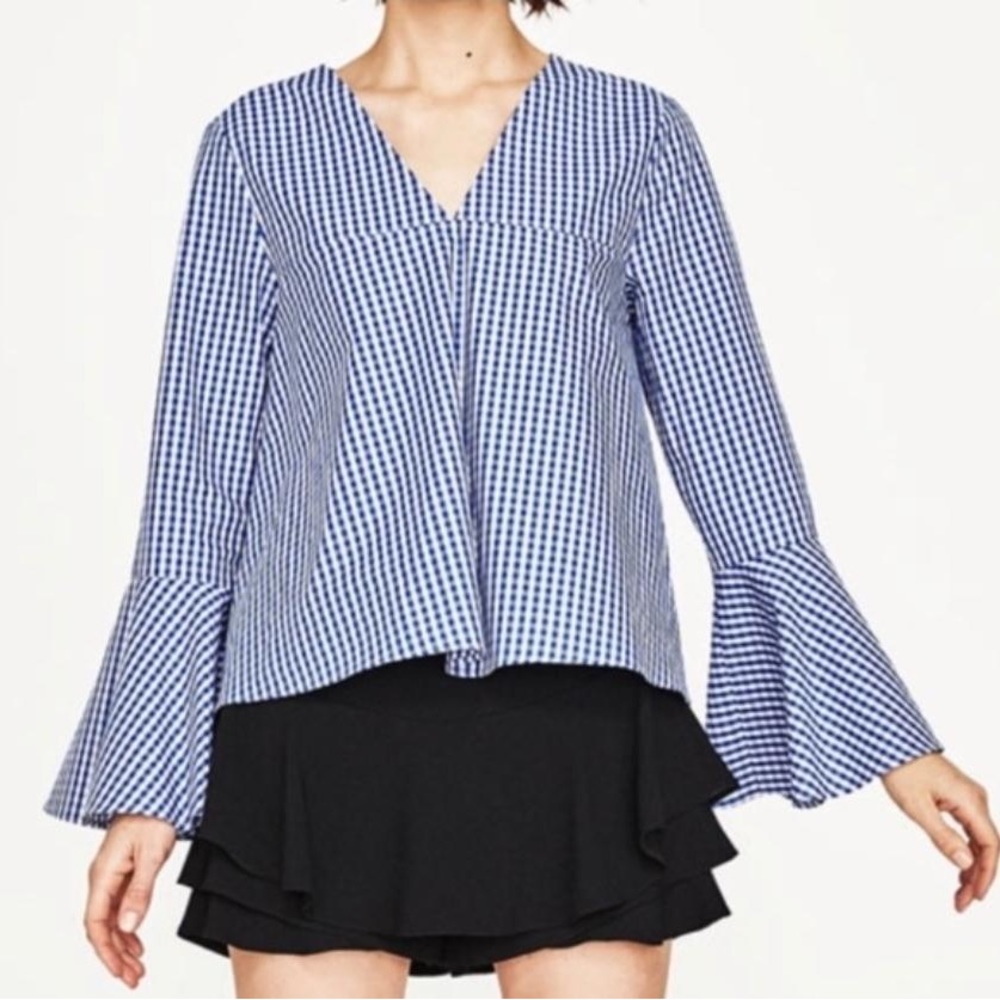 Zara Blue and white grid blouse